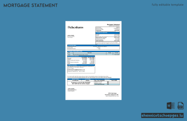 Debenhams-Hypothekenabrechnung (Vereinigtes Königreich) in Word- und PDF-Formaten – Beispielvorschau
